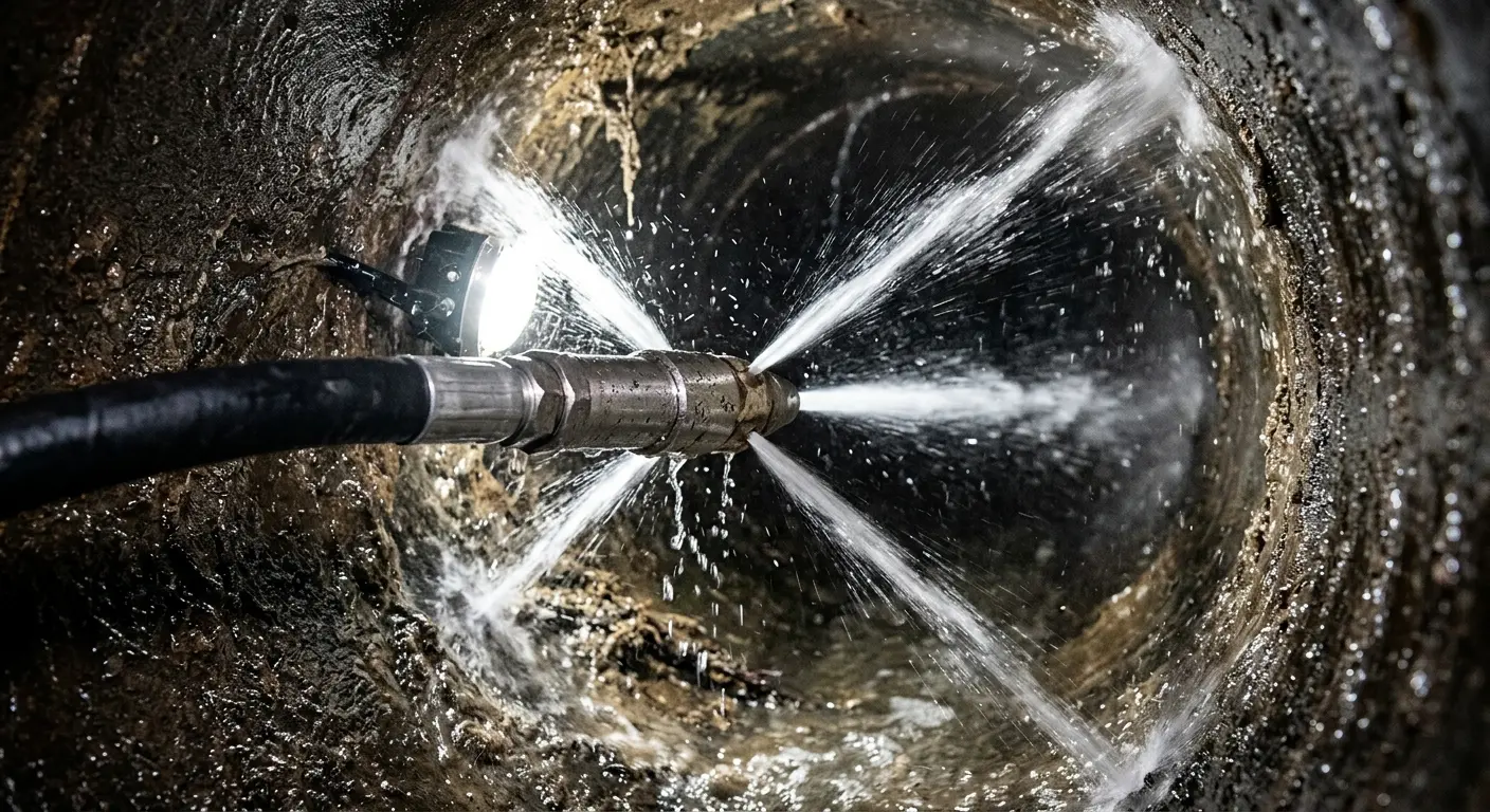 High-pressure hydro jetting nozzle cleaning sewer pipe for Emergency Drain Service in Doylestown