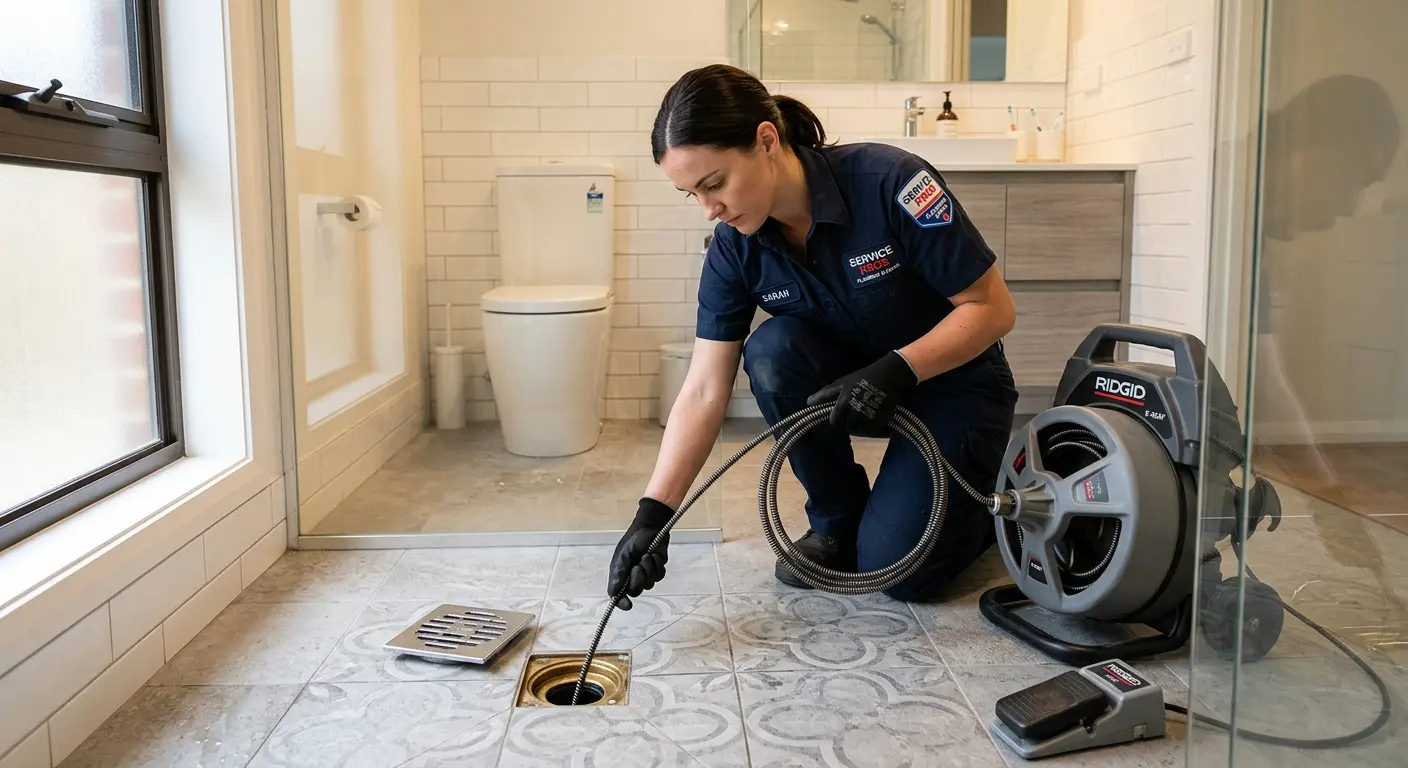 Technician clearing a bathroom floor drain for Drain Cleaning in Doylestown